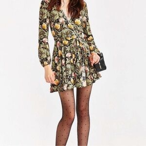 Ecote Urban Outfitters Black Floral Wrap Mini Dress with Yellow & Red Blooms M